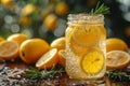 A mason jar filled with sparkling homemade lemonade, garnished with fresh lemon slices and rosemary, amidst whole and Royalty Free Stock Photo