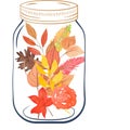 Mason Jar filled with Watercolor Autumn Flowers and Leaves