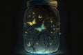 Mason Jar With Fireflies And Butterflies, Magical Bottle, Glowing Insects, Fantasy, Light In A Glass, Illumination, Abstract Art