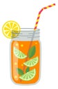 Mason jar with fresh lemon drink. Cartoon icon