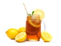 Mason jar glass of iced tea with lemons isolated on white Royalty Free Stock Photo