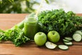 Mason jar with green juice and vegetables