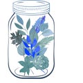 Mason Jar filled with Watercolor blue Flowers and Leaves