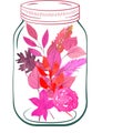 Mason Jar filled with Watercolor pink Flowers and Leaves