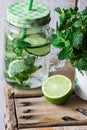Mason jar mug with infused detox cucumber water with lime and mint, ingredients, spring, outdoors, cleansing