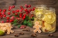 Mason jar with New year cup of tea with ginger, lime, cinnamon a