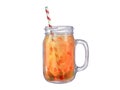 Mason jar with orange drink. Refreshing or warming beverage. Sea buckthorn, mint leaf, straw, glass jar. Sandthorn