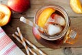 Mason Jar Of Peach Iced Tea On Wood, Downward View