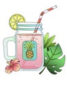 Mason jar. Mason`s bottle of carbonated drink is decorated with tropical plants - hibiscus and palm leaves, as well as a lemon and