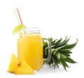 Mason jar of sweet juice with pineapple slices on white background