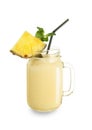 Mason jar with tasty pineapple smoothie on white background