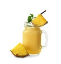 Mason jar with tasty pineapple smoothie on white background