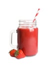 Mason jar of tasty strawberry smoothie and fresh fruits on white background Royalty Free Stock Photo