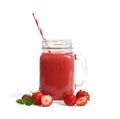 Mason jar with tasty strawberry smoothie on white