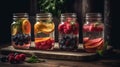 Mason jars of infused water with fruits and berries on wooden table. Generative AI Royalty Free Stock Photo