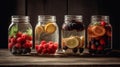 Mason jars of infused water with fruits and berries on wooden table. Generative AI Royalty Free Stock Photo