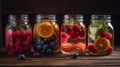Mason jars of infused water with fruits and berries on wooden table. Generative AI Royalty Free Stock Photo