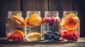 Mason jars of infused water with fruits and berries on wooden table. Generative AI Royalty Free Stock Photo