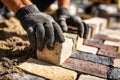 Mason laying bricks for a pavement construction project Royalty Free Stock Photo