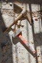 Mason tools on debris background Royalty Free Stock Photo