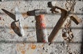 Mason tools on debris background Royalty Free Stock Photo