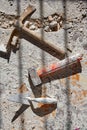Mason tools on debris background Royalty Free Stock Photo
