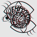 Surrealistic spiral shell with eyes on a grey background