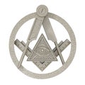 Masonic Freemasonry Stone Square and Compass with All Seeing Eye inside Pyramid Triangle Emblem Icon Logo Symbol. 3d Rendering