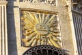 Masonic symbol of the All-Seeing Eye in a triangle with rays on the building of the Kazan Cathedral in Saint Petersburg Royalty Free Stock Photo