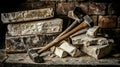 Masonry tools, brick wall, stonework, workshop, demolition Royalty Free Stock Photo