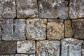 A masonry wall of multicolored stones or blocks