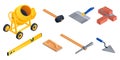 Masonry worker icons set, isometric style