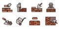 Masonry worker icons set, outline style