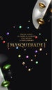 Masquerade ball party invitation banner with masquerade masks and sequins.