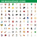100 masquerade icons set, cartoon style