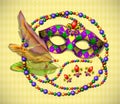 Masquerade mask, beads, colorful feathers, jewelry on a light background