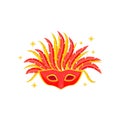 Masquerade mask with red and yellow feathers. Festive accessory. Attribute of Brazilian carnival. Flat vector icon Royalty Free Stock Photo