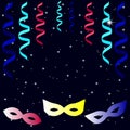 Masquerade masks with colorful paper streamers and shining stars