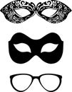 Masquerade masks and glasses isolated on the white. Black and white design Royalty Free Stock Photo