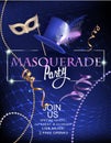 Masquerade party invitation card with beads, decorated hat and mask. Royalty Free Stock Photo