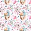 Masquerade theme seamless pattern with female image in a mask, wineglasses and masks in Venetian style