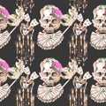 Masquerade theme seamless pattern with skulls, chandeliers with candles and masks in Venetian style