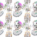 Masquerade theme seamless pattern with skulls, chandeliers with candles and masks in Venetian style