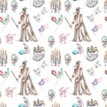 Masquerade theme seamless pattern with skulls, chandeliers with candles, plague doctor costume and masks in Venetian style