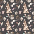 Masquerade theme seamless pattern with skulls, chandeliers with candles, plague doctor costume and masks in Venetian style