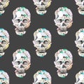 Masquerade theme seamless pattern with watercolor skulls in feathers
