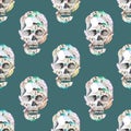 Masquerade theme seamless pattern with watercolor skulls in feathers