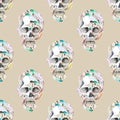 Masquerade theme seamless pattern with watercolor skulls in feathers