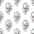 Masquerade theme seamless pattern with watercolor skulls in feathers