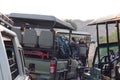 Mass of cars with tourists in chobe national park in botswana while seaching for lions.